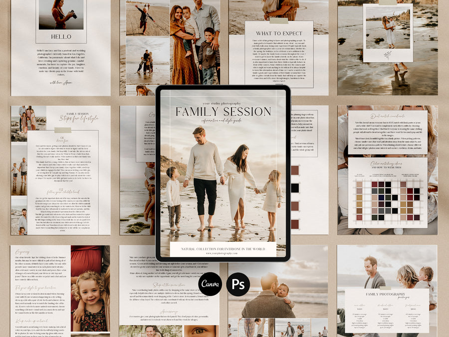 CANVA Family Photography style Guide magazine Template, Pre-written Family Session Welcome Guide Template, Photoshop price list CANVA template - MG067