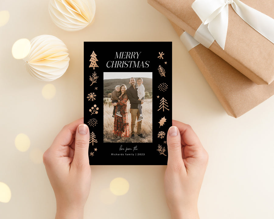 Merry Christmas Card Template, Printable Christmas Photo Card, Gold Merry Christmas Canva Template, Family Postcard, Photoshop Holiday Card - CD469