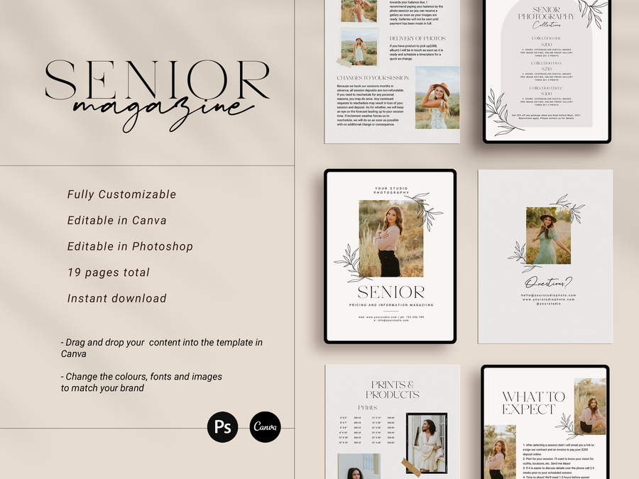 CANVA Senior Photography style Guide magazine Template, Graduation Photography Welcome Guide Template, Photoshop price list CANVA template - MG055