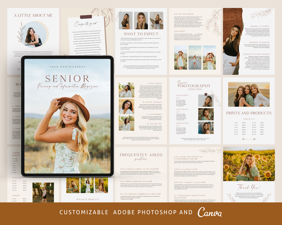 CANVA Senior Photography style Guide magazine Template, Graduation Photography Welcome Guide Template, Photoshop price list CANVA template - MG056