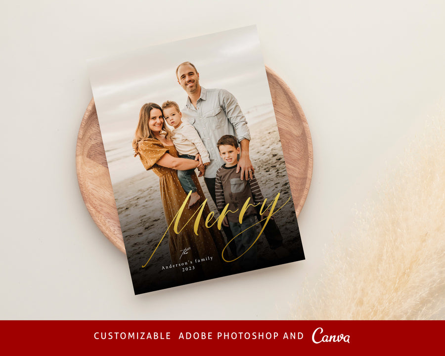 Gold foil Christmas Card Template, Printable Christmas Photo Card Canva Template, Photoshop Merry Christmas Photo Card,Holiday Card Template - CD472