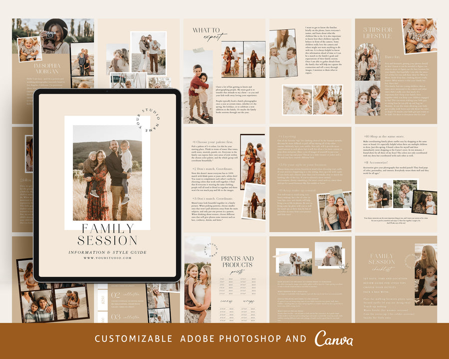 CANVA Family Photography style Guide magazine Template, Pre-written Family Session Welcome Guide Template, Photoshop price list CANVA template - MG065