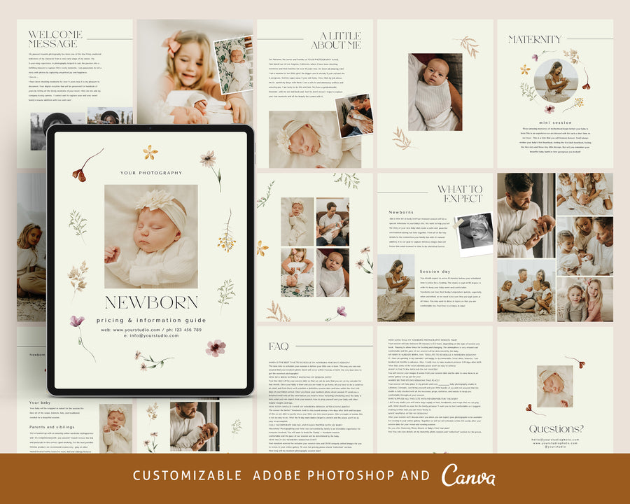 CANVA Newborn Photography style Guide magazine Template, Pre-written Newborn Welcome Guide Template, PSD Photoshop price list CANVA template - MG069