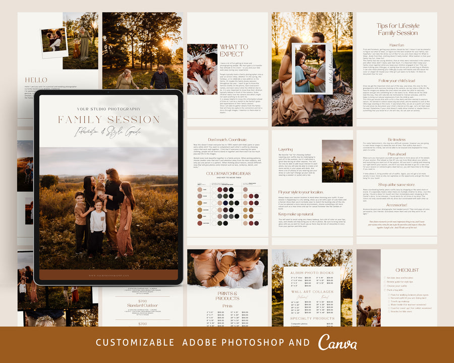 Editable CANVA Photoshop Family style Guide Template Magazine, Family Photography Session Checklist, Welcome Guide, price list, What to Wear - MG054