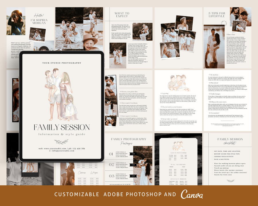 CANVA Family Photography style Guide magazine Template, Pre-written Family Session Welcome Guide Template, Photoshop price list CANVA template - MG051