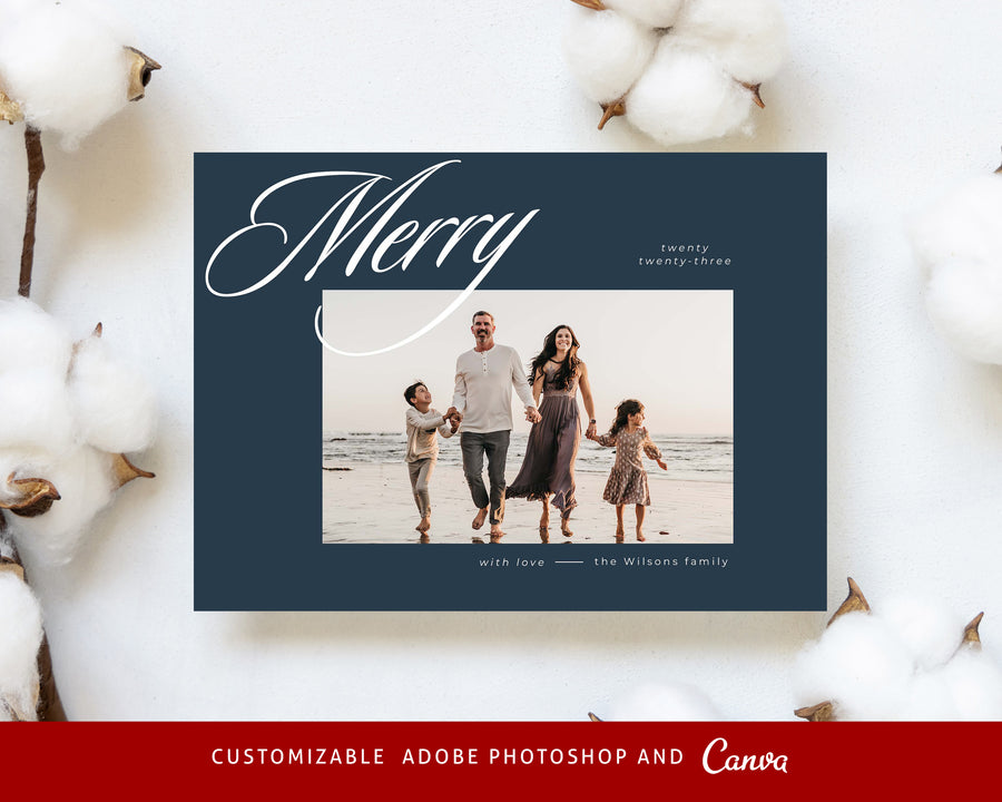 Family Merry Christmas Card Template, Printable Christmas Photo Card Canva Template, 5x7 Holiday Card Template, Photoshop Holiday Photo Card - CD471