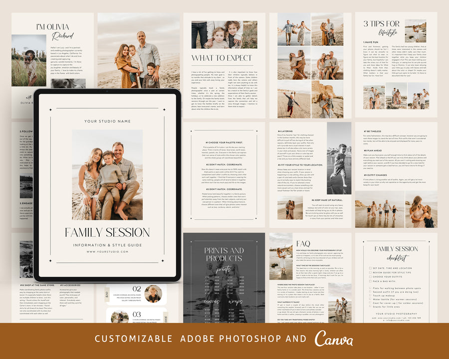 Family Welcome Guide Template, Family Photographer Session Style guide, Canva Photoshop Magazine Template, Client Checklist, Marketing Brochure - MG073