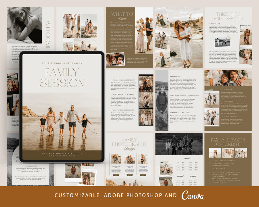 CANVA Family Photography style Guide magazine Template, Pre-written Family Session Welcome Guide Template, Photoshop price list CANVA template - MG071