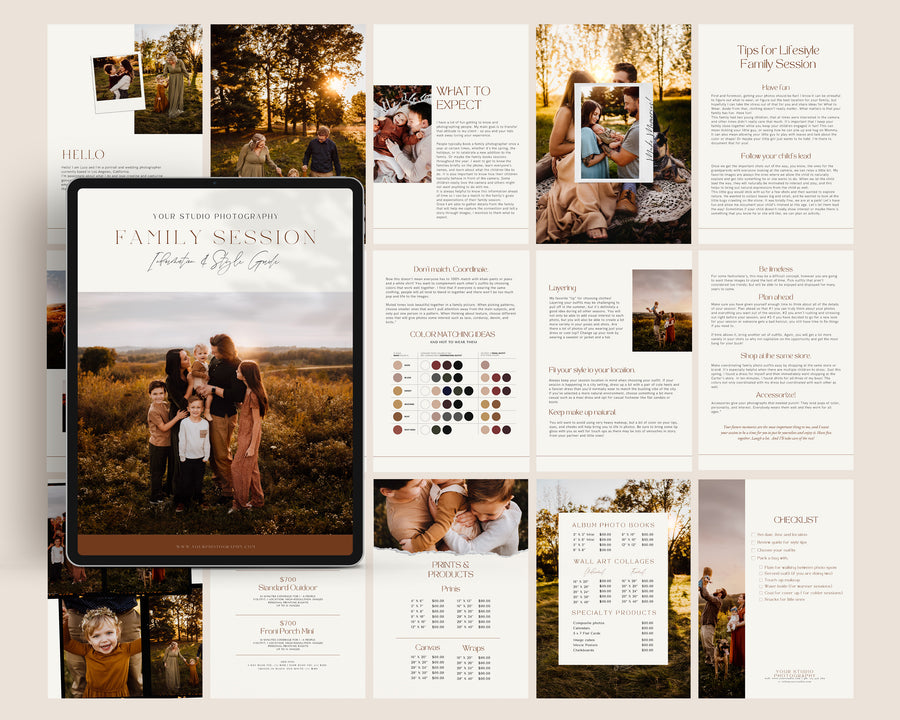 Editable CANVA Photoshop Family style Guide Template Magazine, Family Photography Session Checklist, Welcome Guide, price list, What to Wear - MG054