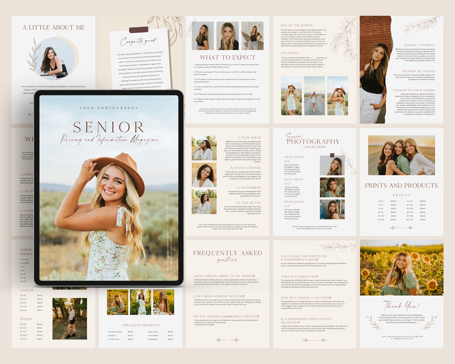 CANVA Senior Photography style Guide magazine Template, Graduation Photography Welcome Guide Template, Photoshop price list CANVA template - MG056