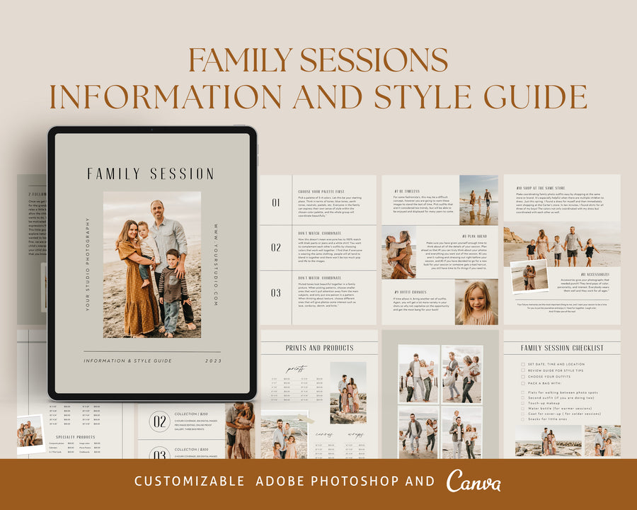 CANVA Family Photography style Guide magazine Template, Pre-written Family Session Welcome Guide Template, Photoshop price list CANVA template - MG070