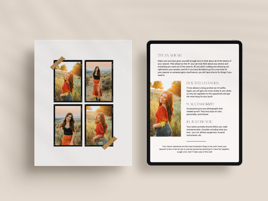 CANVA Senior Photography style Guide magazine Template, Graduation Photography Welcome Guide Template, Photoshop price list CANVA template - MG055