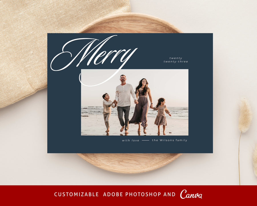 Family Merry Christmas Card Template, Printable Christmas Photo Card Canva Template, 5x7 Holiday Card Template, Photoshop Holiday Photo Card - CD471