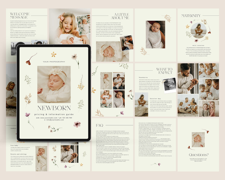 CANVA Newborn Photography style Guide magazine Template, Pre-written Newborn Welcome Guide Template, PSD Photoshop price list CANVA template - MG069