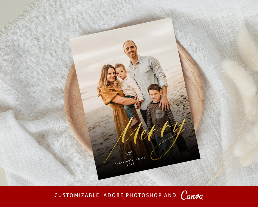 Gold foil Christmas Card Template, Printable Christmas Photo Card Canva Template, Photoshop Merry Christmas Photo Card,Holiday Card Template - CD472