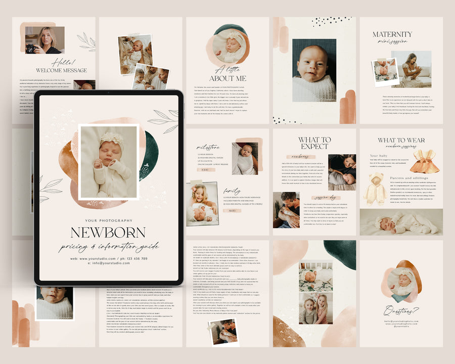 CANVA Newborn Photography style Guide magazine Template, Pre-written Newborn Welcome Guide Template, PSD Photoshop price list CANVA template - MG068