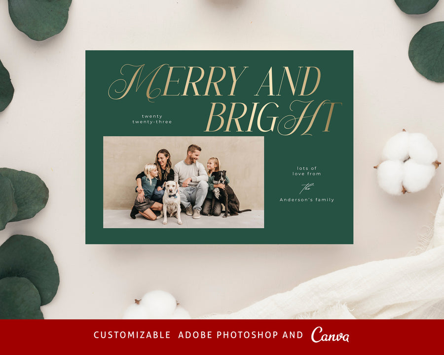 Merry and Bright Christmas Card Template, Printable Christmas Photo Card, Christmas Canva Template, Family Postcard, Photoshop Holiday Card - CD468