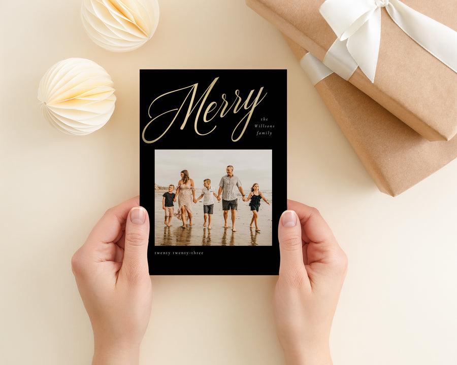 Golden Merry Christmas Card Template, Minimalist Holiday Card Template, Canva Template, 5x7 Postcard Template,Printable Photoshop Photo Card - CD477