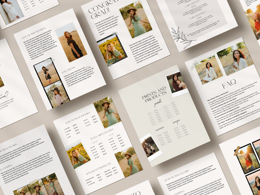 CANVA Senior Photography style Guide magazine Template, Graduation Photography Welcome Guide Template, Photoshop price list CANVA template - MG055