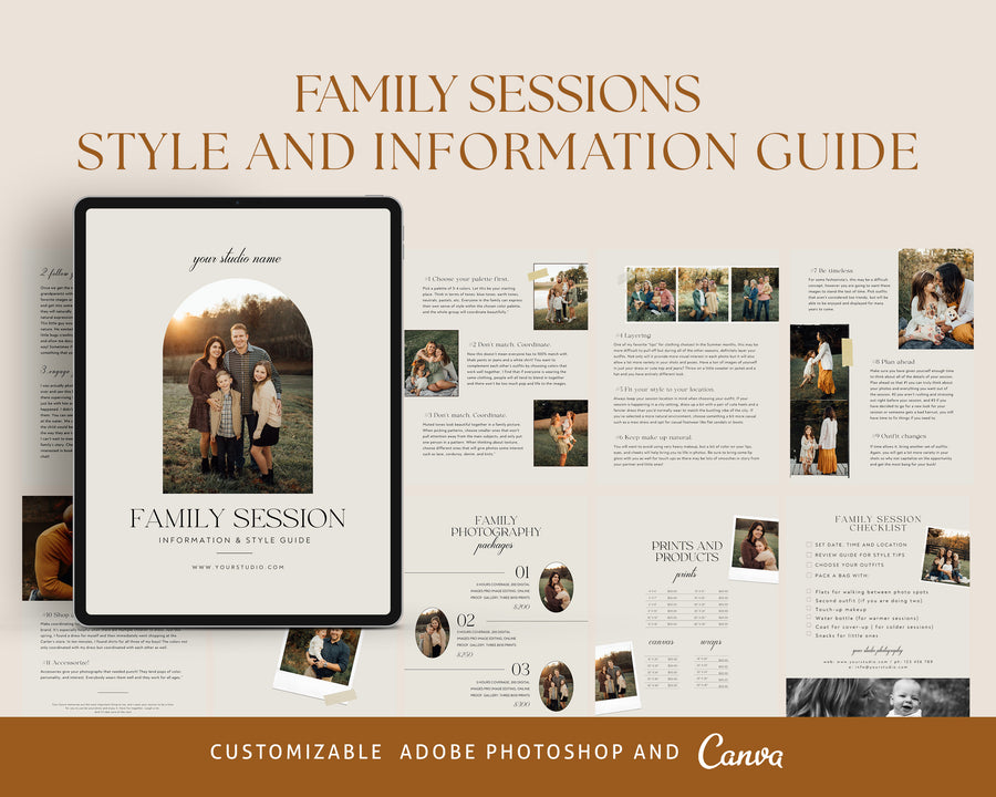 Photographer Welcome Guide Template, Family Session Style guide, Canva Photoshop Magazine Template, Family Marketing Brochure, Client Checklist - MG059