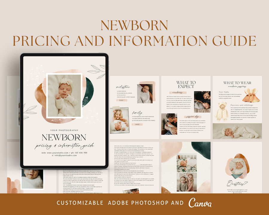 CANVA Newborn Photography style Guide magazine Template, Pre-written Newborn Welcome Guide Template, PSD Photoshop price list CANVA template - MG068