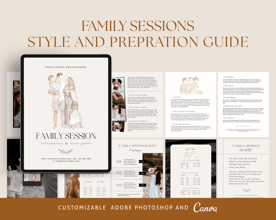 CANVA Family Photography style Guide magazine Template, Pre-written Family Session Welcome Guide Template, Photoshop price list CANVA template - MG051