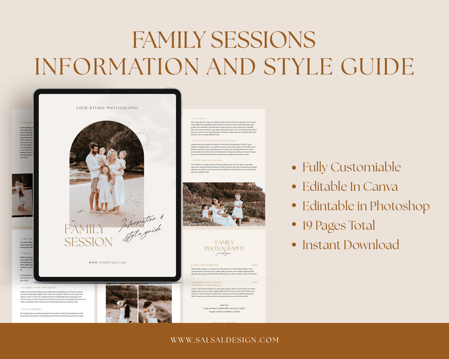 CANVA Family Photography style Guide magazine Template, Pre-written Family Session Welcome Guide Template, Photoshop price list CANVA template - MG043