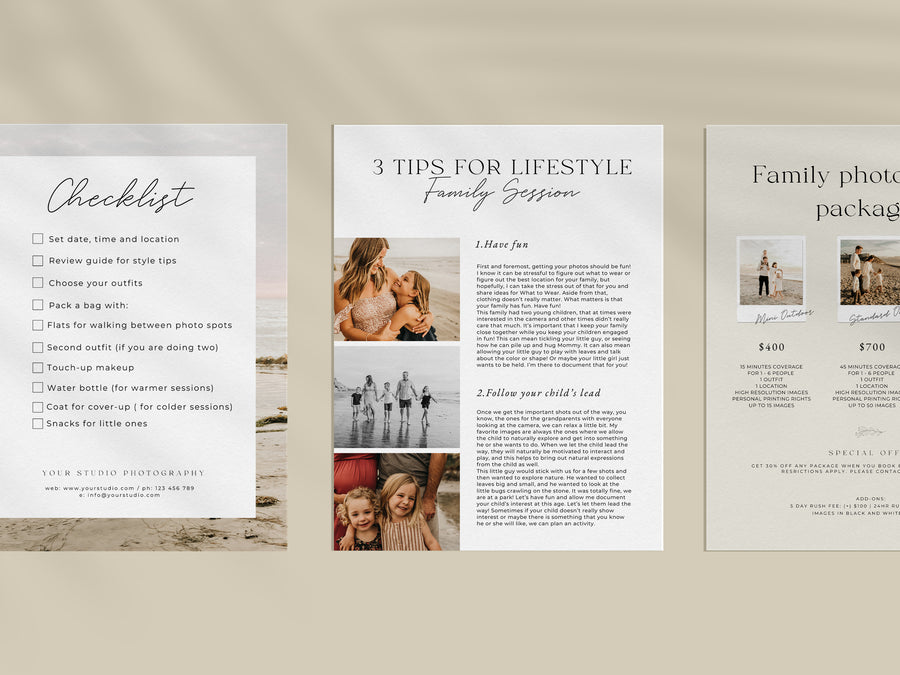 CANVA Family Photography style Guide magazine Template, Pre-written Family Session Welcome Guide Template, Photoshop price list CANVA template - MG066