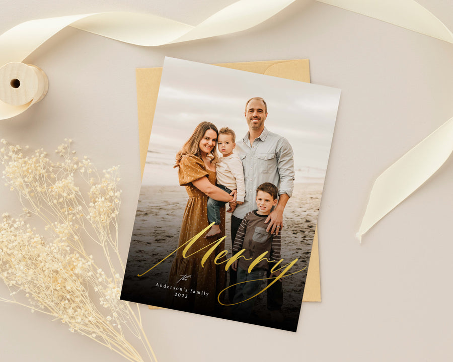 Gold foil Christmas Card Template, Printable Christmas Photo Card Canva Template, Photoshop Merry Christmas Photo Card,Holiday Card Template - CD472