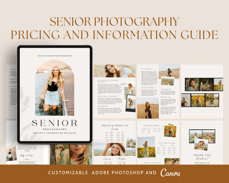 CANVA Senior Photography style Guide magazine Template, Graduation Photography Welcome Guide Template, Photoshop price list CANVA template MG052