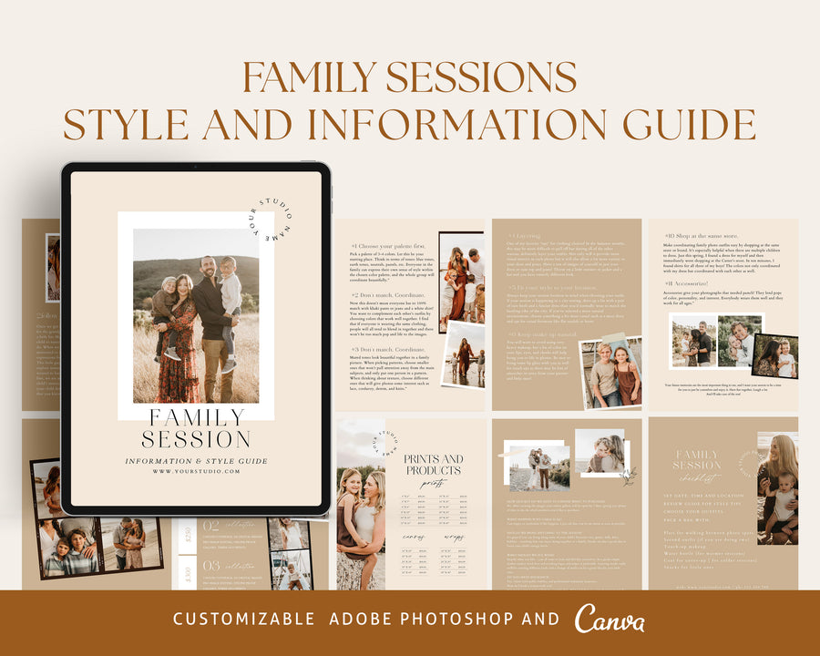 CANVA Family Photography style Guide magazine Template, Pre-written Family Session Welcome Guide Template, Photoshop price list CANVA template - MG065