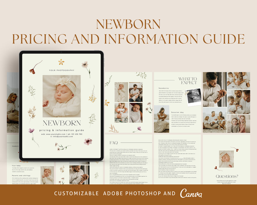 CANVA Newborn Photography style Guide magazine Template, Pre-written Newborn Welcome Guide Template, PSD Photoshop price list CANVA template - MG069