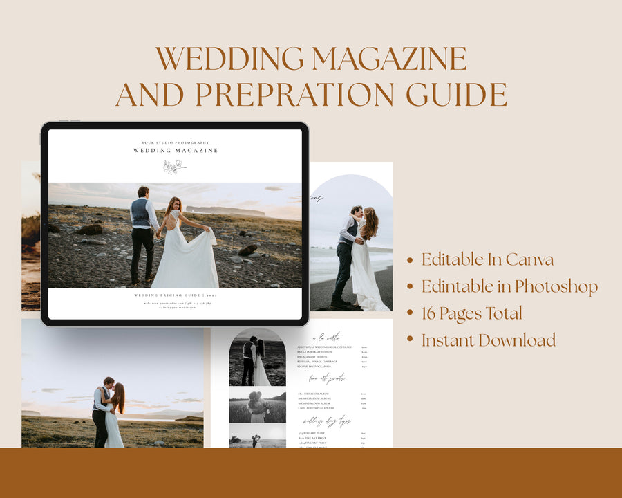 Wedding Photography Pricing Guide Template, Welcome Guide With Text, Photographer Client Guide, Magazine Canva Template, Photoshop Template - MG048