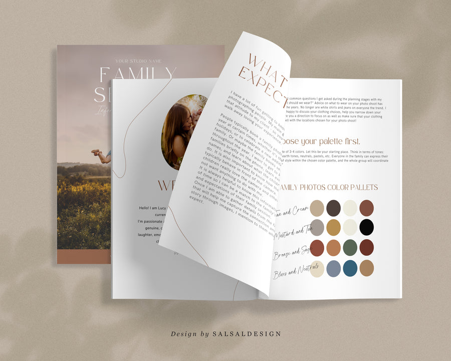 Editable CANVA Photoshop Family style Guide Template Magazine, Family Photography Session Checklist, Welcome Guide, price list, What to Wear - MG040