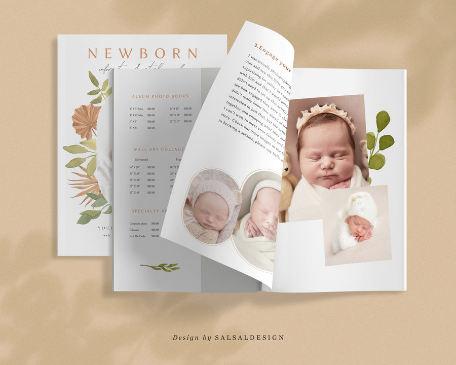 CANVA Newborn Photography style Guide magazine Template, Pre-written Newborn Welcome Guide Template, PSD Photoshop price list CANVA template - MG035