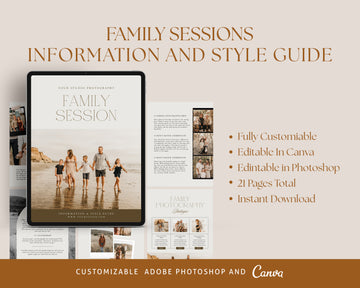 CANVA Family Photography style Guide magazine Template, Pre-written Family Session Welcome Guide Template, Photoshop price list CANVA template - MG071