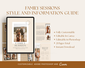 CANVA Family Photography style Guide magazine Template, Pre-written Family Session Welcome Guide Template, Photoshop price list CANVA template - MG065