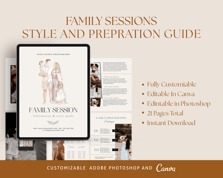 CANVA Family Photography style Guide magazine Template, Pre-written Family Session Welcome Guide Template, Photoshop price list CANVA template - MG051