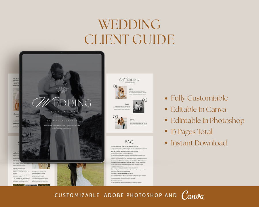 Canva Wedding Photography Welcome guide, Price list, Wedding Pricing Brochure, Photographer Client Guide, Wedding Magazine Photoshop Template - MG074