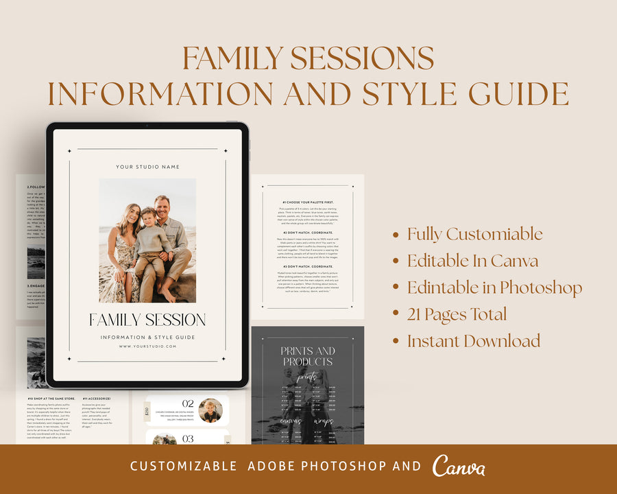 Family Welcome Guide Template, Family Photographer Session Style guide, Canva Photoshop Magazine Template, Client Checklist, Marketing Brochure - MG073