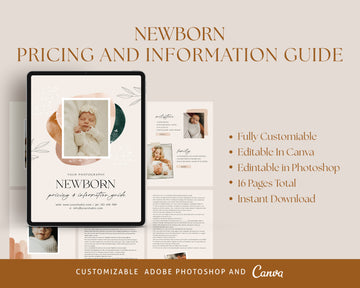 CANVA Newborn Photography style Guide magazine Template, Pre-written Newborn Welcome Guide Template, PSD Photoshop price list CANVA template - MG068