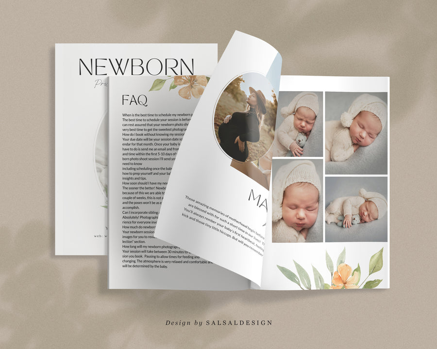 CANVA Newborn Photography style Guide magazine Template, Pre-written Newborn Welcome Guide Template, PSD Photoshop price list CANVA template - MG038