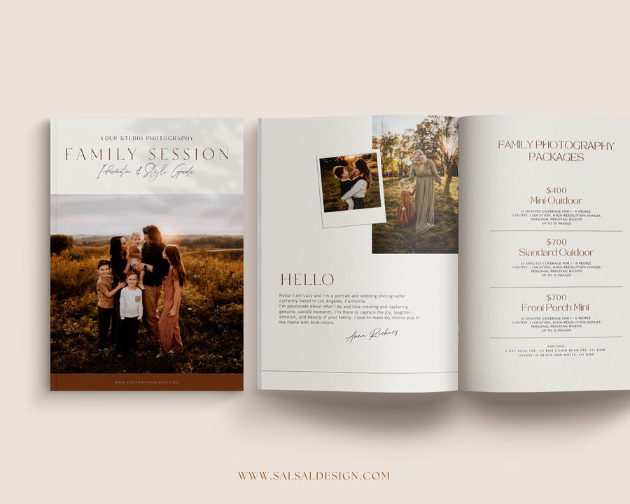 Editable CANVA Photoshop Family style Guide Template Magazine, Family Photography Session Checklist, Welcome Guide, price list, What to Wear - MG054