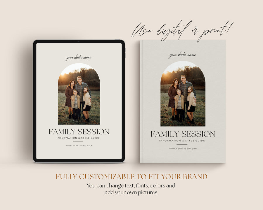 Photographer Welcome Guide Template, Family Session Style guide, Canva Photoshop Magazine Template, Family Marketing Brochure, Client Checklist - MG059