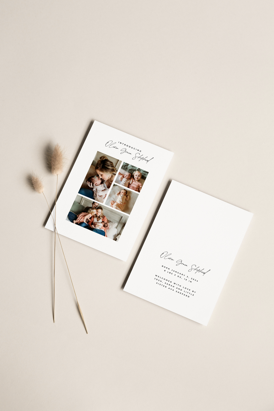 Four Photos Collage Birth Announcement Card Template for Canva - NG37