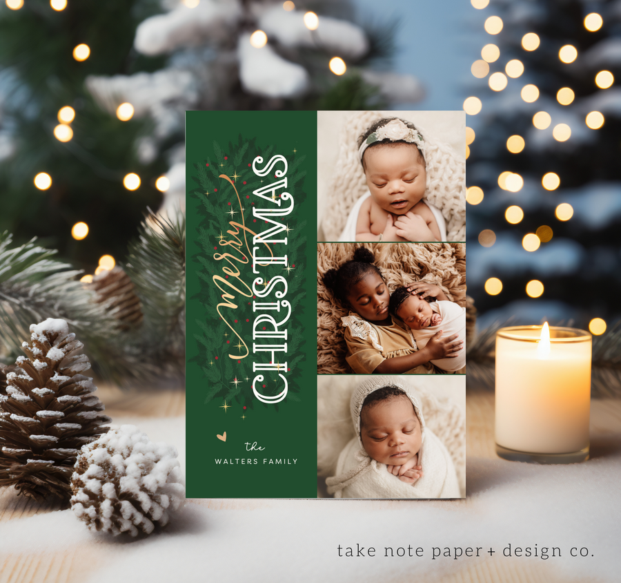 Golden Foliage Vertical Christmas Card Template for Canva - TNPC127