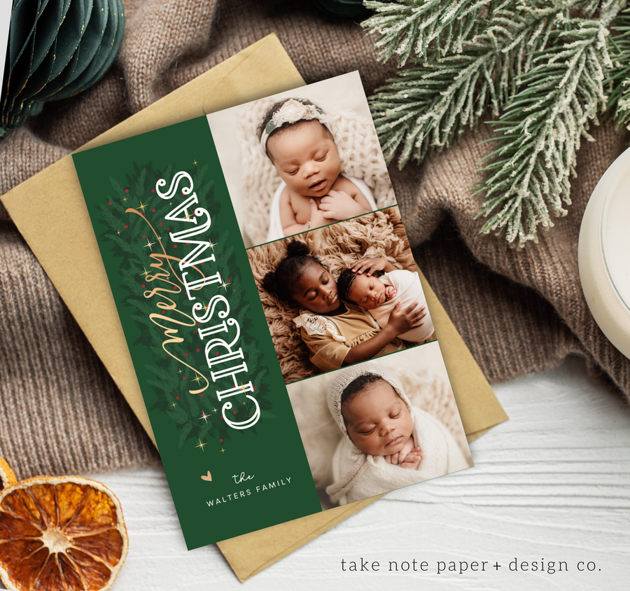 Golden Foliage Vertical Christmas Card Template for Canva - TNPC127