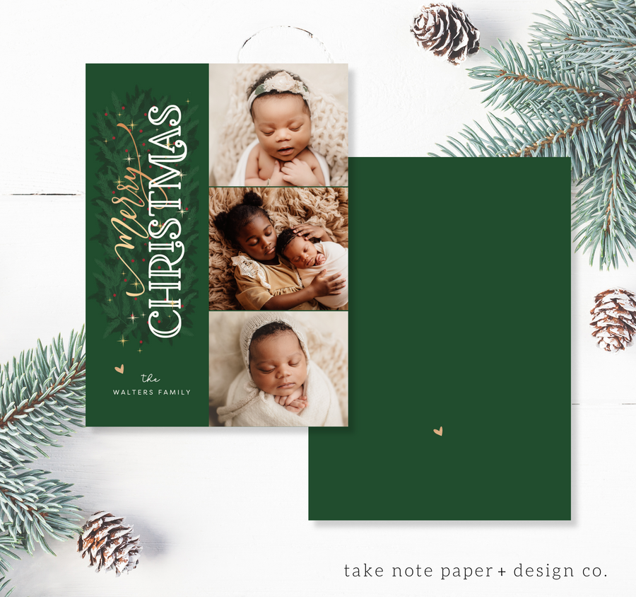 Golden Foliage Vertical Christmas Card Template for Canva - TNPC127