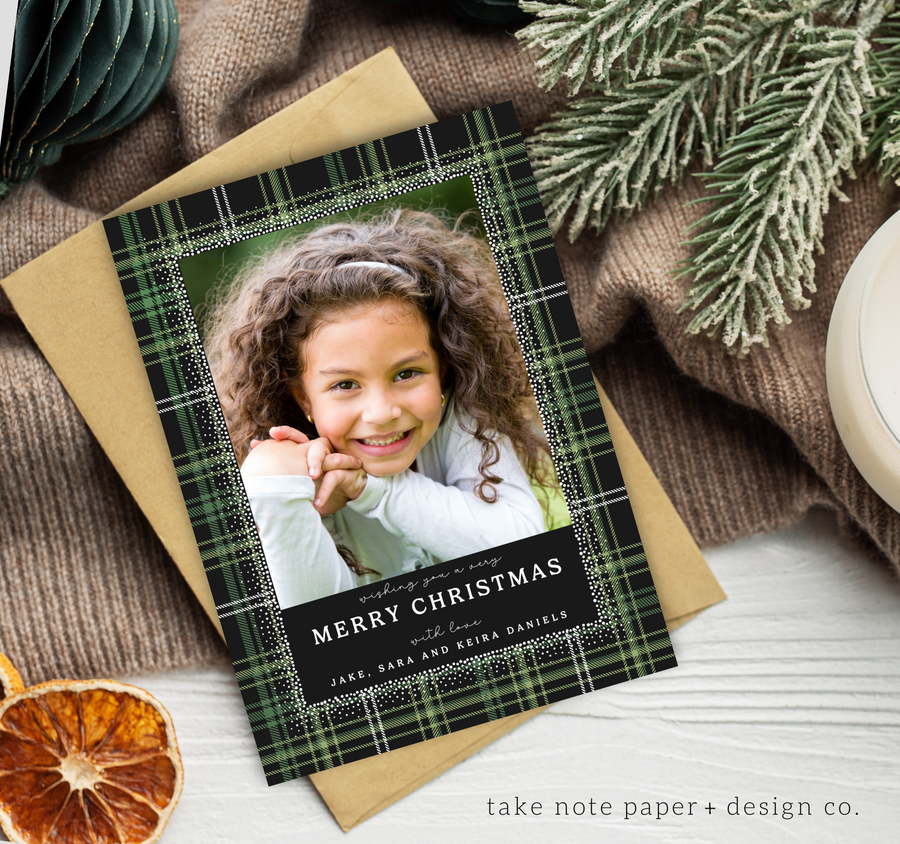 Elegant Sprinkle Overlay Plaid Christmas Card Duo Template for Canva - TNPC146