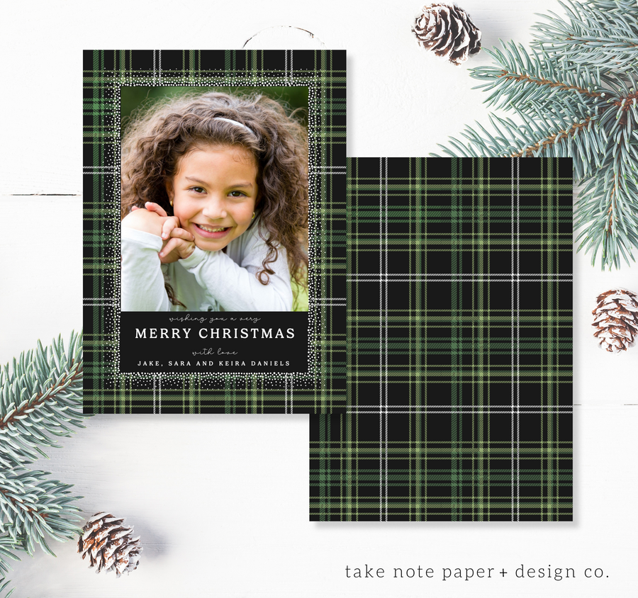 Elegant Sprinkle Overlay Plaid Christmas Card Duo Template for Canva - TNPC146